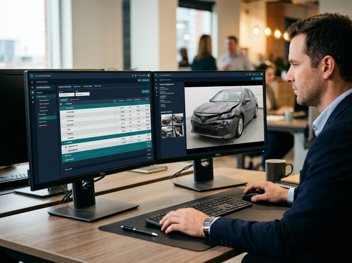 Assessor validating a repair estimate against Audatex data