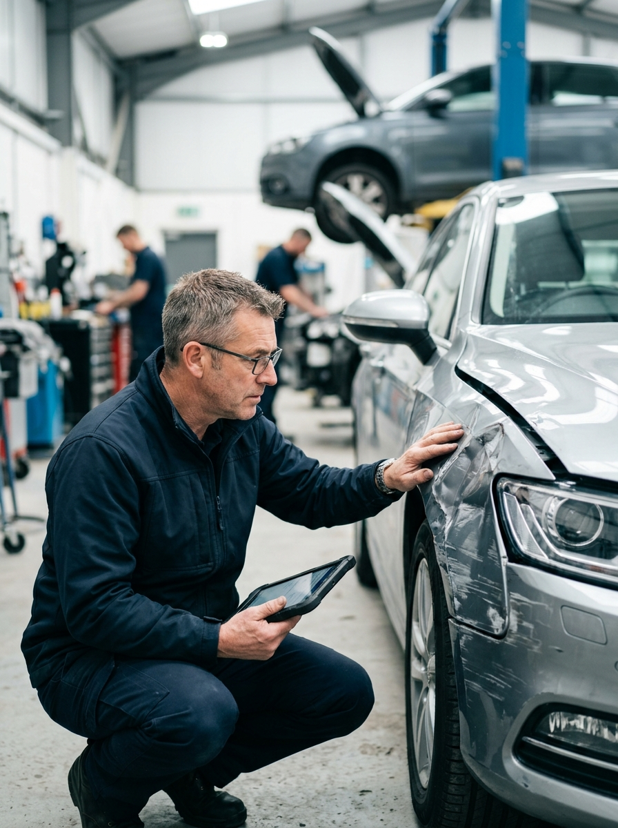 Assessor physically inspecting collision damage at a bodyshop