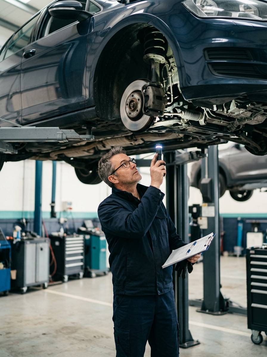 Engineer inspecting a vehicle's underside for a roadworthiness report