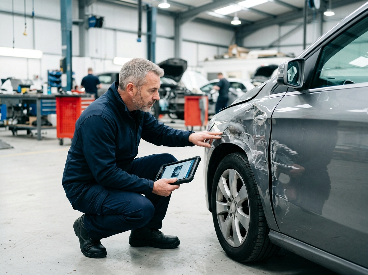 Assessor inspecting collision damage at a bodyshop