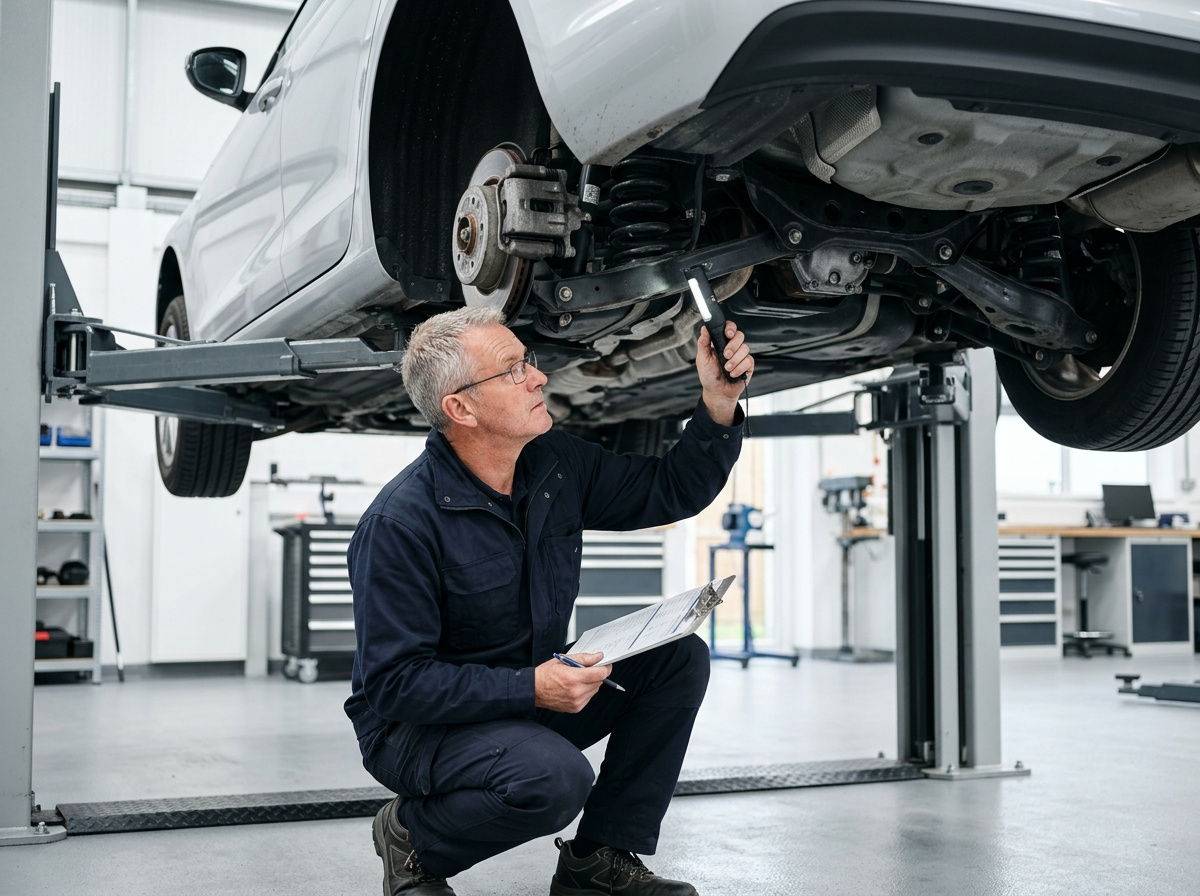 Engineer carrying out a roadworthiness inspection on a vehicle lift